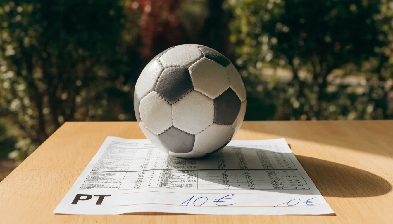 Uma bola de futebol pousada sobre um talão de apostas em branco numa mesa de madeira, à luz do dia