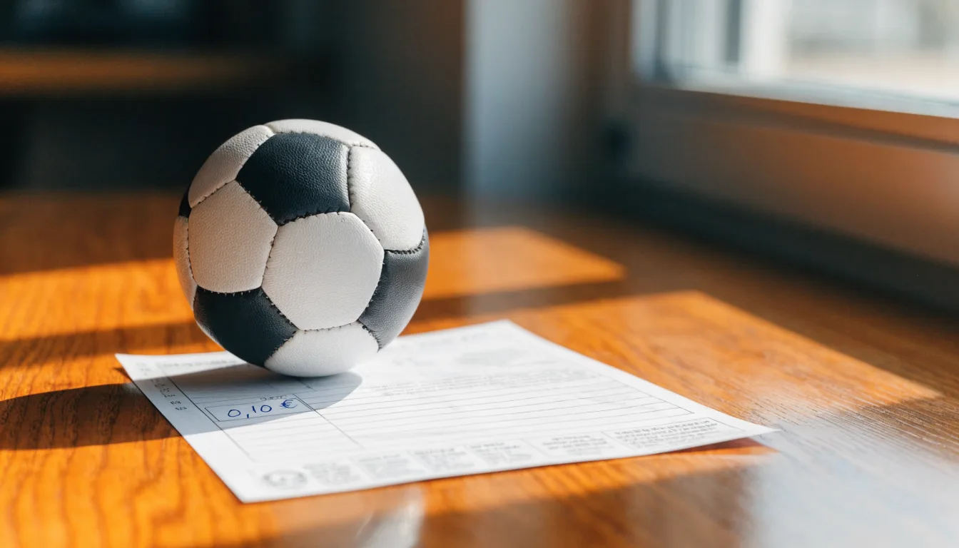Uma bola de futebol pousada sobre um talão de apostas em branco numa mesa de madeira, à luz do dia