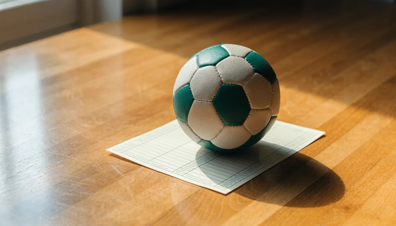 Uma bola de futebol pousada sobre um talão de apostas em branco numa mesa de madeira, à luz do dia