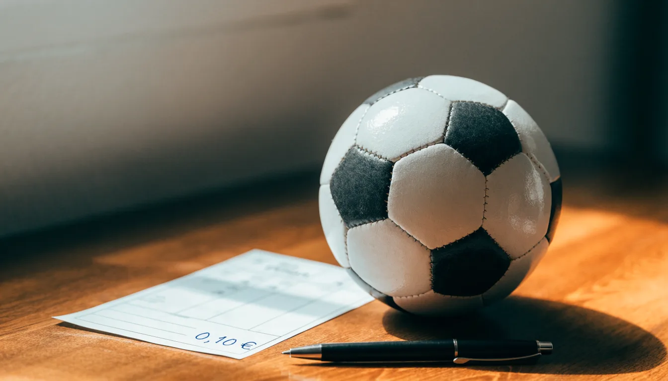 Uma bola de futebol pousada sobre um talão de apostas em branco numa mesa de madeira, à luz do dia