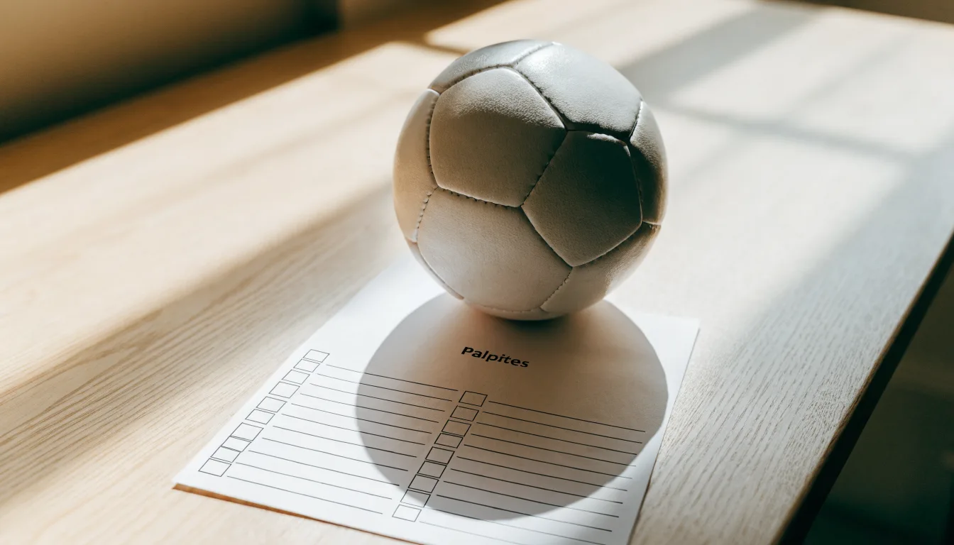 Uma bola de futebol pousada sobre um talão de apostas em branco numa mesa de madeira, à luz do dia