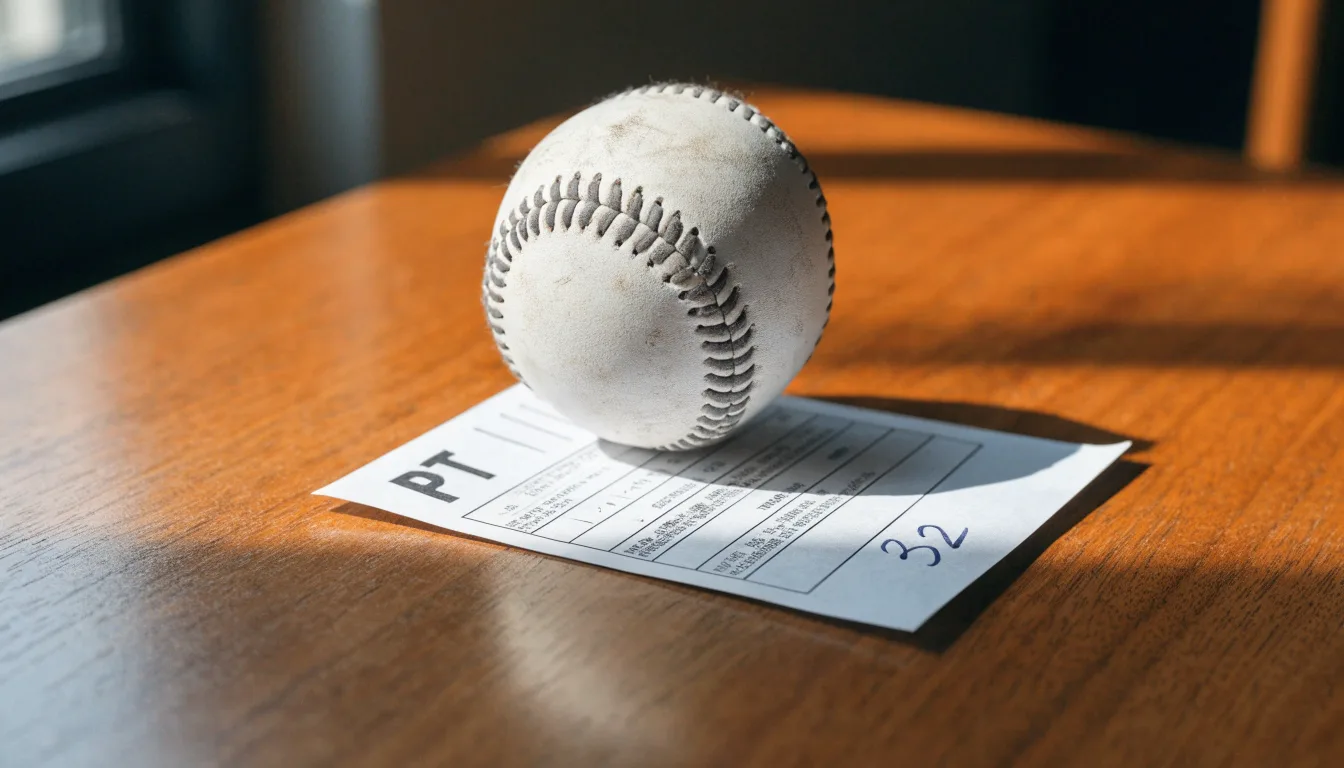 Uma bola de futebol pousada sobre um talão de apostas em branco numa mesa de madeira, à luz do dia