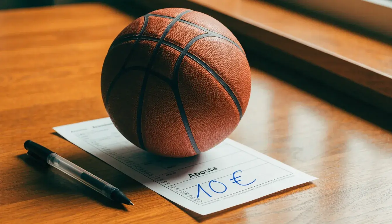 Uma bola de futebol pousada sobre um talão de apostas em branco numa mesa de madeira, à luz do dia