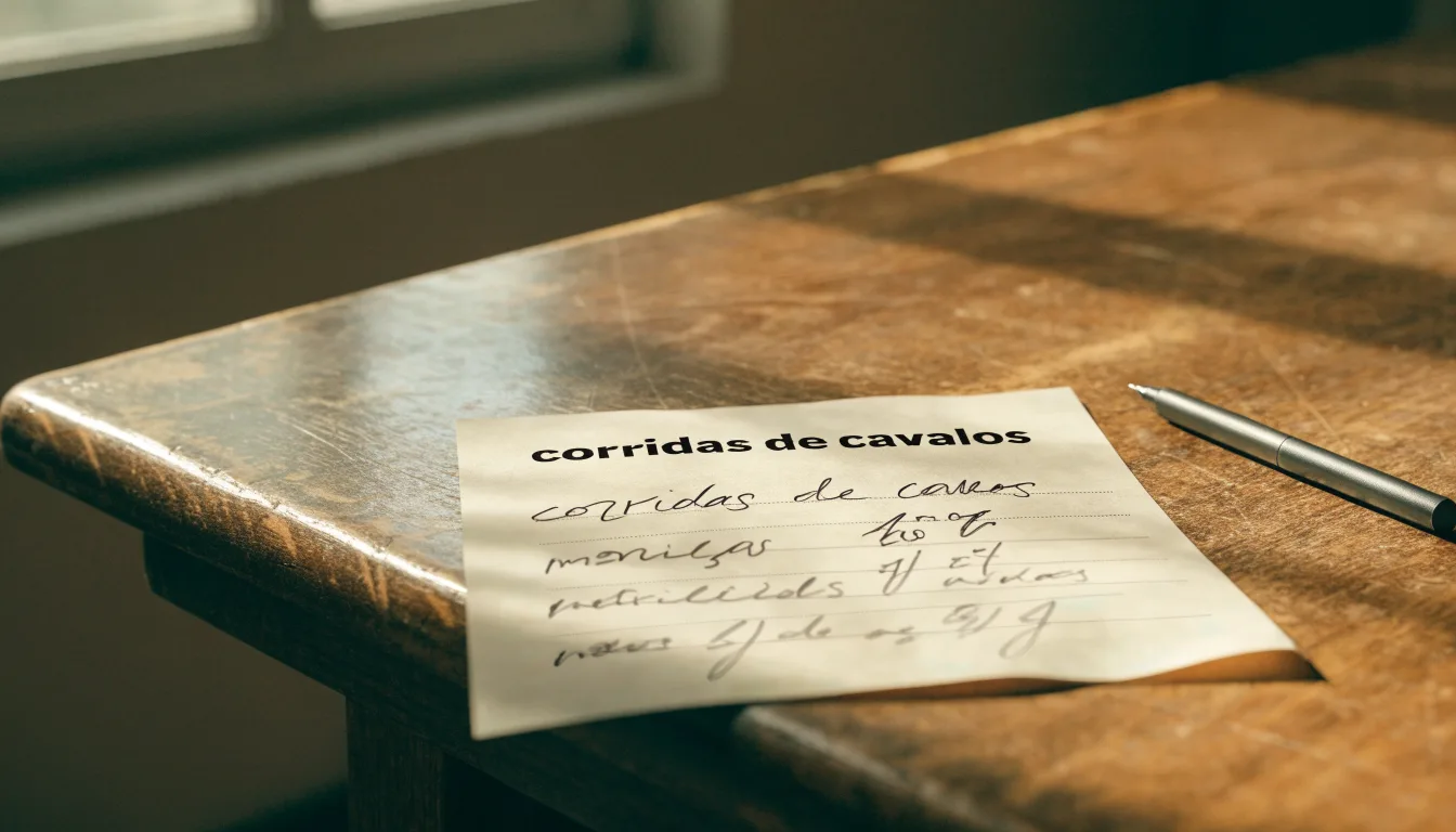 Uma bola de futebol pousada sobre um talão de apostas em branco numa mesa de madeira, à luz do dia