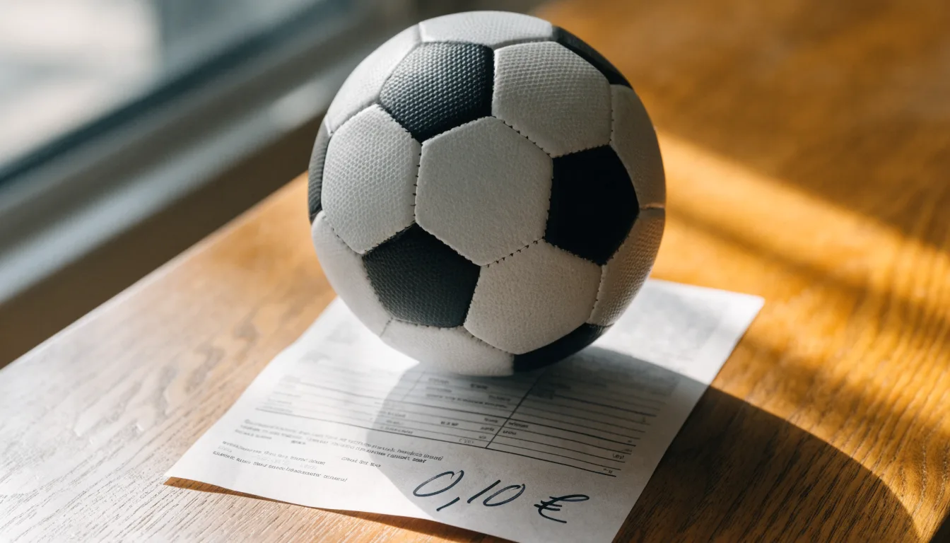 Uma bola de futebol pousada sobre um talão de apostas em branco numa mesa de madeira, à luz do dia