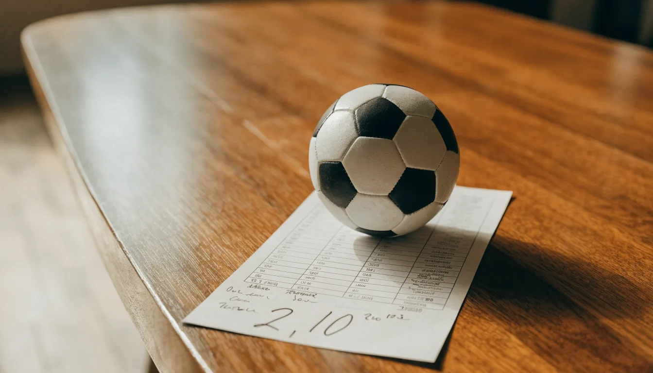 Uma bola de futebol pousada sobre um talão de apostas em branco numa mesa de madeira, à luz do dia