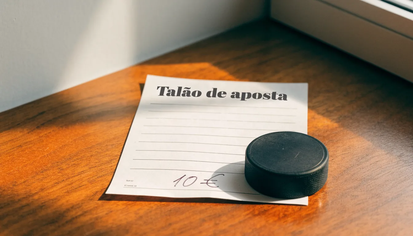 Uma bola de futebol pousada sobre um talão de apostas em branco numa mesa de madeira, à luz do dia