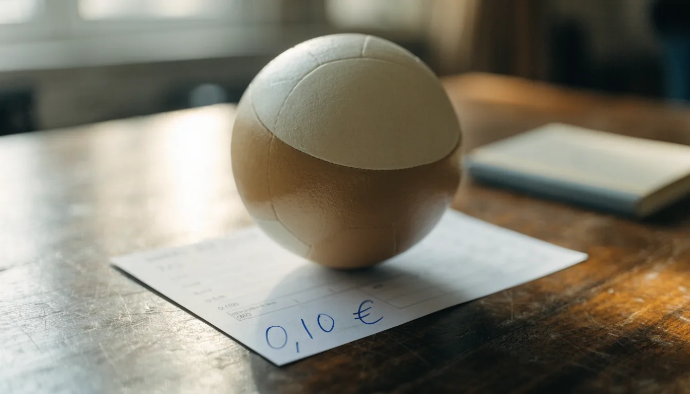 Uma bola de futebol pousada sobre um talão de apostas em branco numa mesa de madeira, à luz do dia