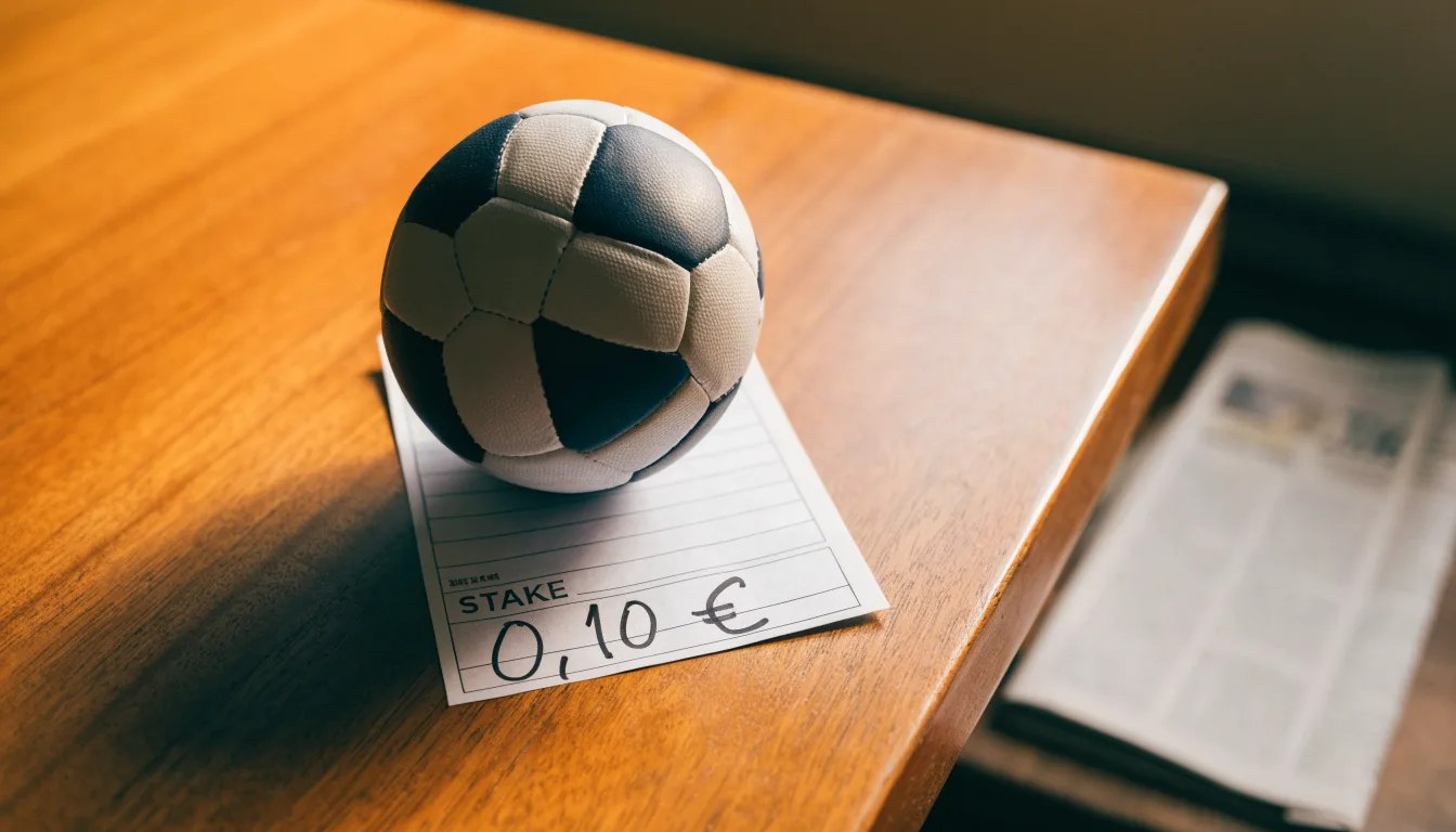 Uma bola de futebol pousada sobre um talão de apostas em branco numa mesa de madeira, à luz do dia