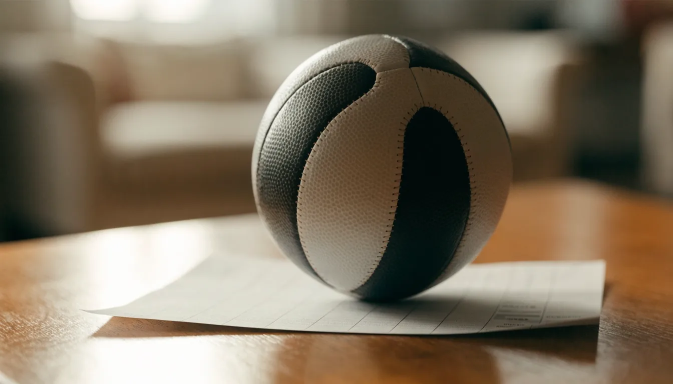 Uma bola de futebol pousada sobre um talão de apostas em branco numa mesa de madeira, à luz do dia