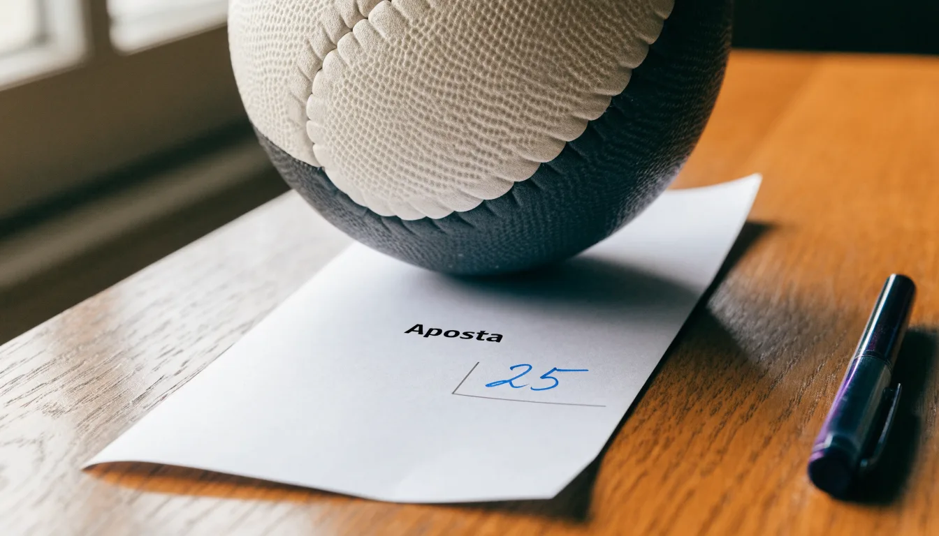 Uma bola de futebol pousada sobre um talão de apostas em branco numa mesa de madeira, à luz do dia
