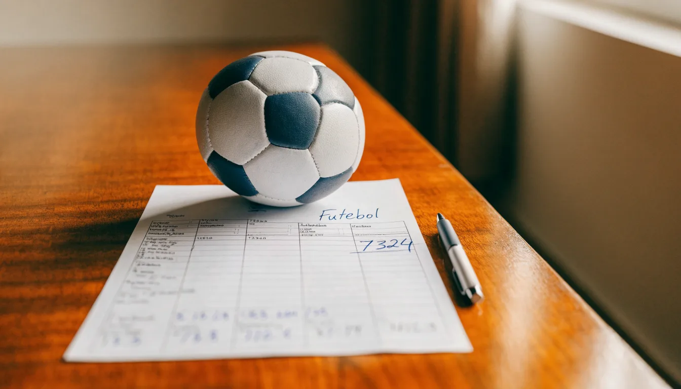 Uma bola de futebol pousada sobre um talão de apostas em branco numa mesa de madeira, à luz do dia