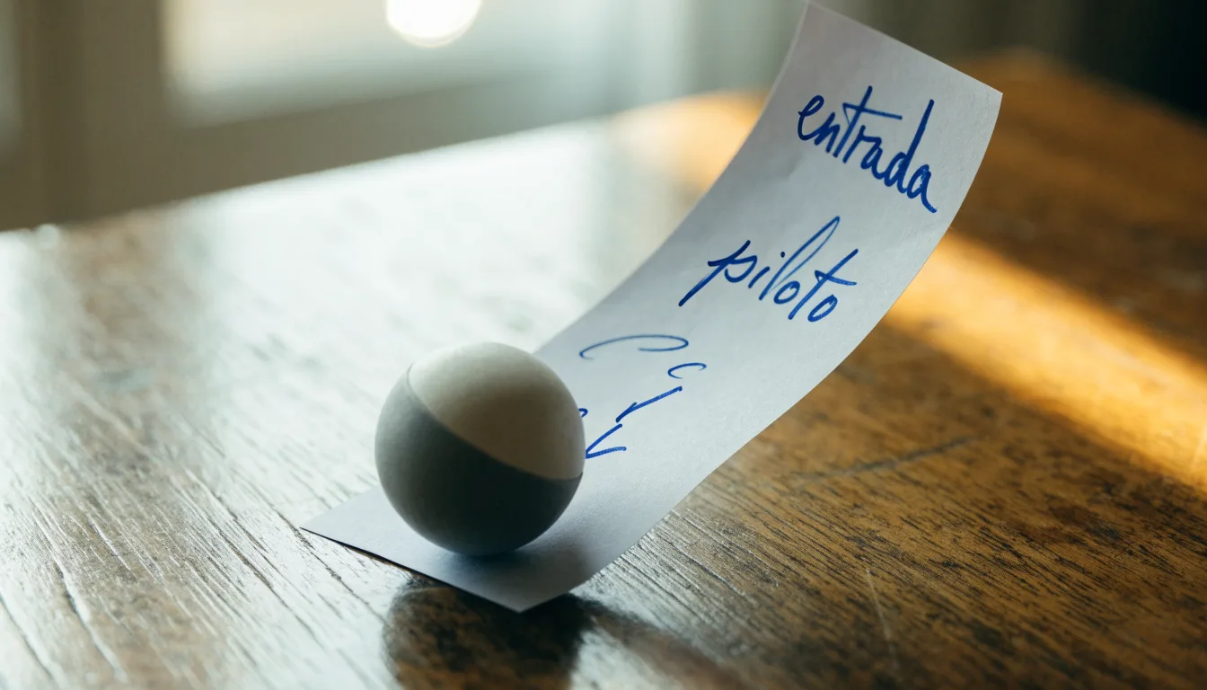 Uma bola de futebol pousada sobre um talão de apostas em branco numa mesa de madeira, à luz do dia