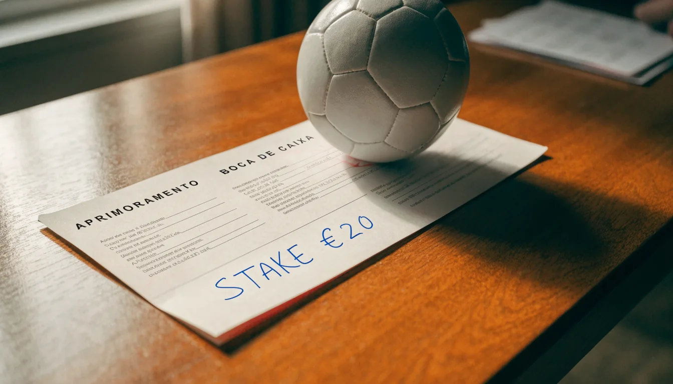 Uma bola de futebol pousada sobre um talão de apostas em branco numa mesa de madeira, à luz do dia