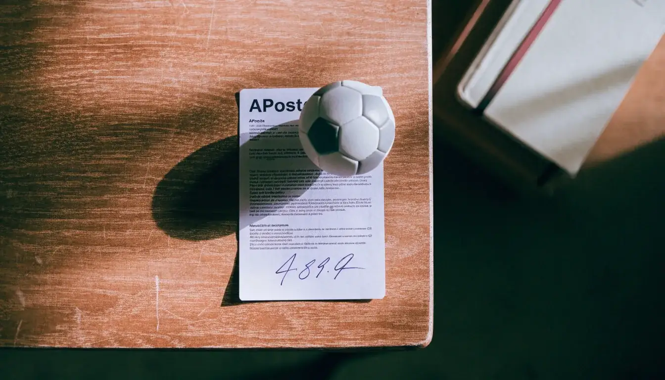 Uma bola de futebol pousada sobre um talão de apostas em branco numa mesa de madeira, à luz do dia