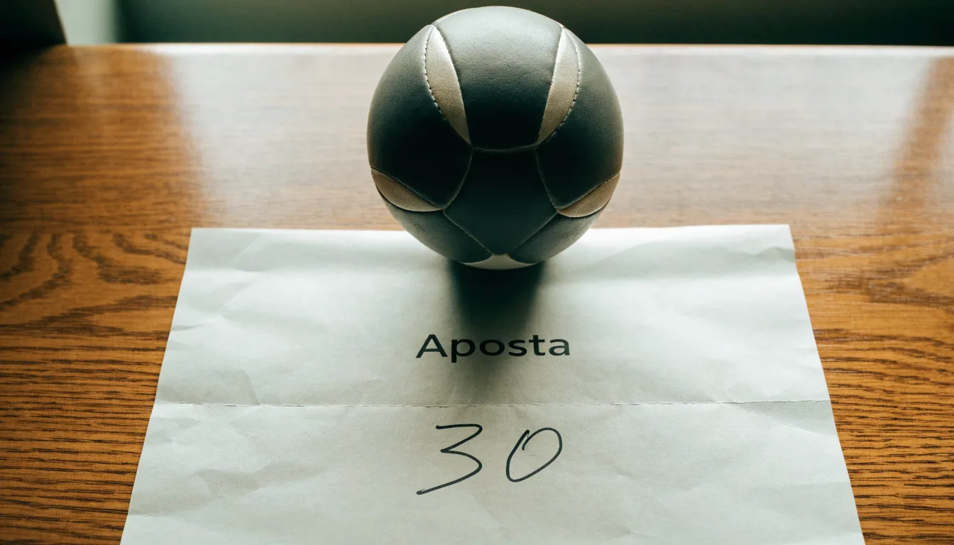Uma bola de futebol pousada sobre um talão de apostas em branco numa mesa de madeira, à luz do dia