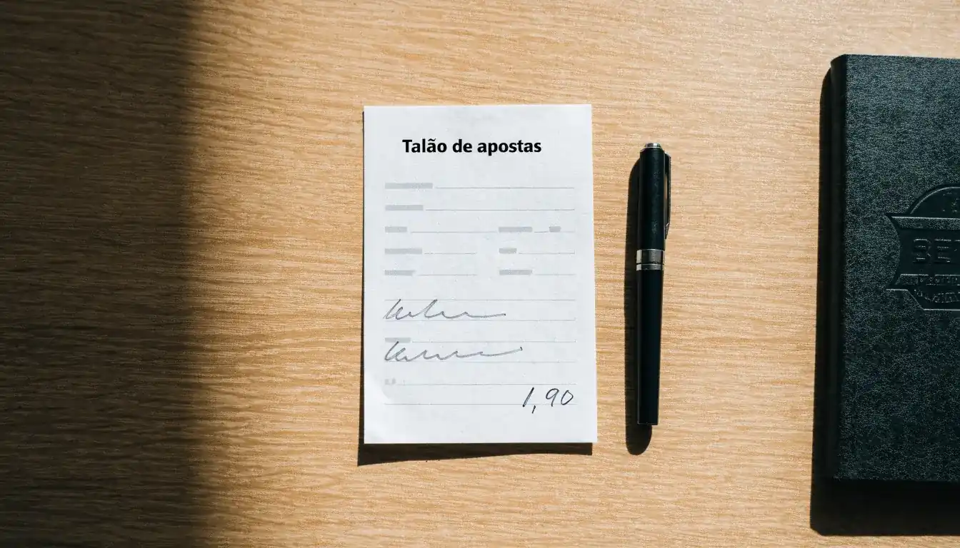 Uma bola de futebol pousada sobre um talão de apostas em branco numa mesa de madeira, à luz do dia