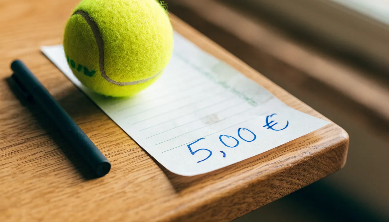 Uma bola de futebol pousada sobre um talão de apostas em branco numa mesa de madeira, à luz do dia