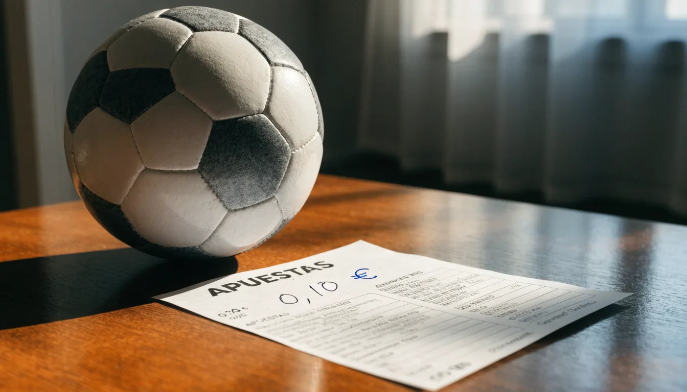 Uma bola de futebol pousada sobre um talão de apostas em branco numa mesa de madeira, à luz do dia