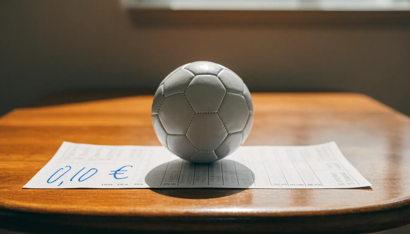 Uma bola de futebol pousada sobre um talão de apostas em branco numa mesa de madeira, à luz do dia