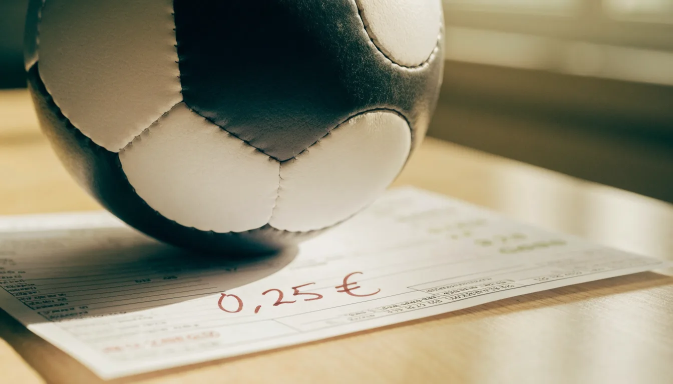 Uma bola de futebol pousada sobre um talão de apostas em branco numa mesa de madeira, à luz do dia