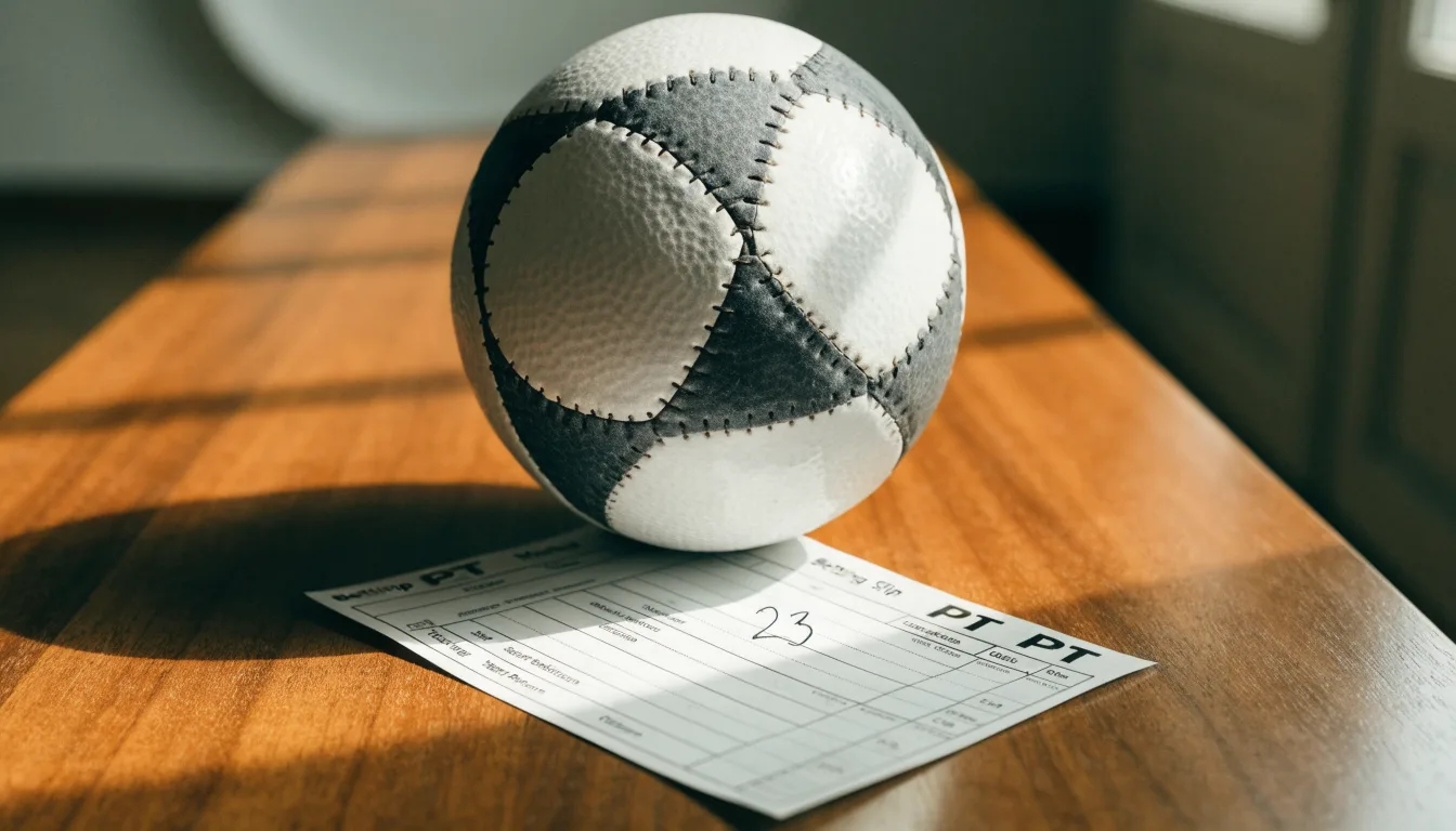 Uma bola de futebol pousada sobre um talão de apostas em branco numa mesa de madeira, à luz do dia