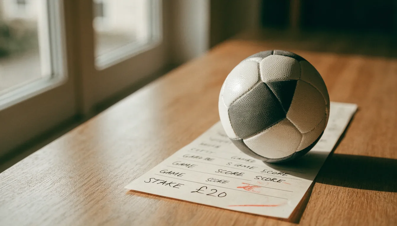 Uma bola de futebol pousada sobre um talão de apostas em branco numa mesa de madeira, à luz do dia