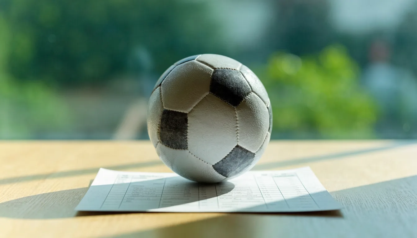 Uma bola de futebol pousada sobre um talão de apostas em branco numa mesa de madeira, à luz do dia
