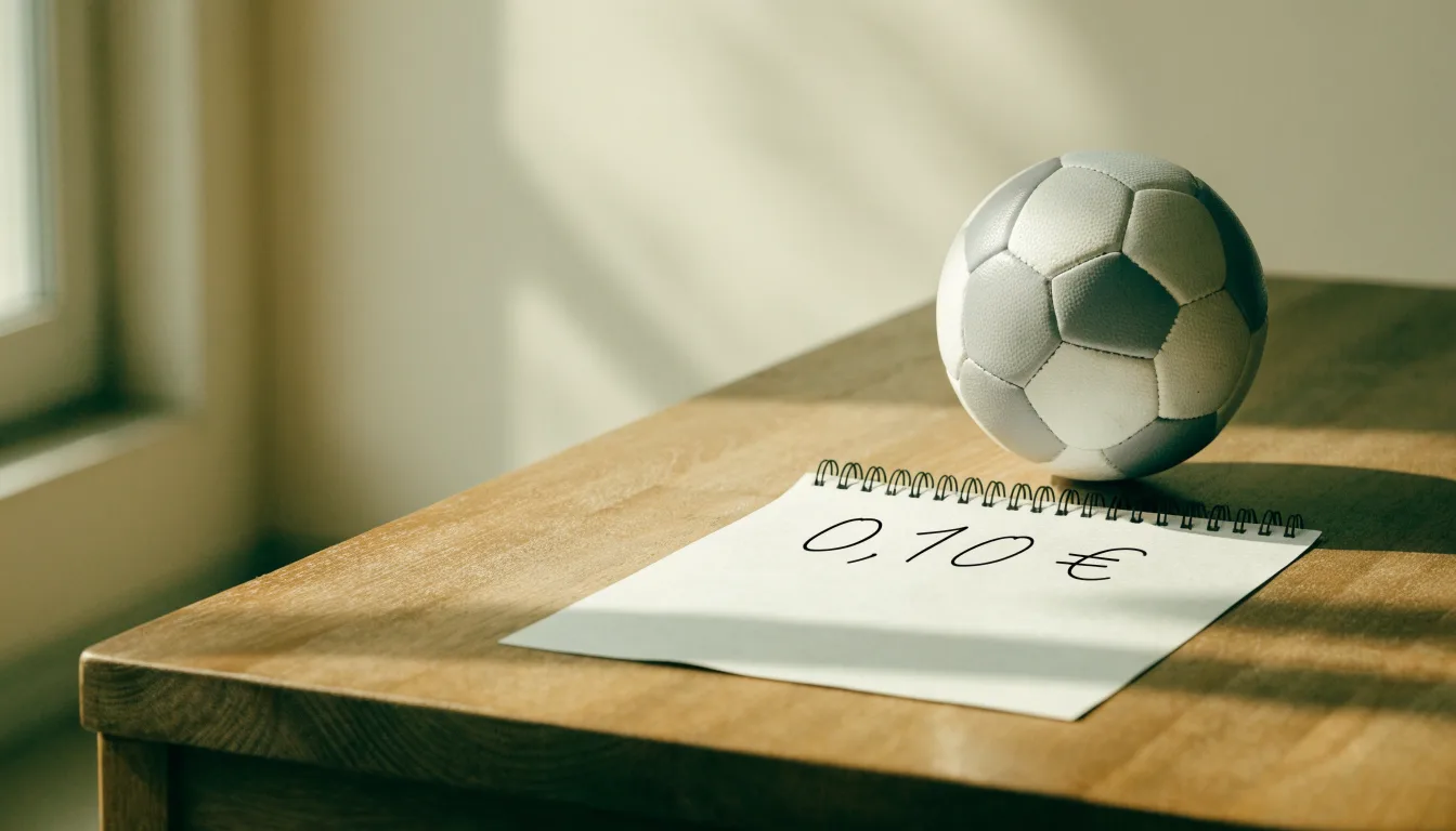 Uma bola de futebol pousada sobre um talão de apostas em branco numa mesa de madeira, à luz do dia