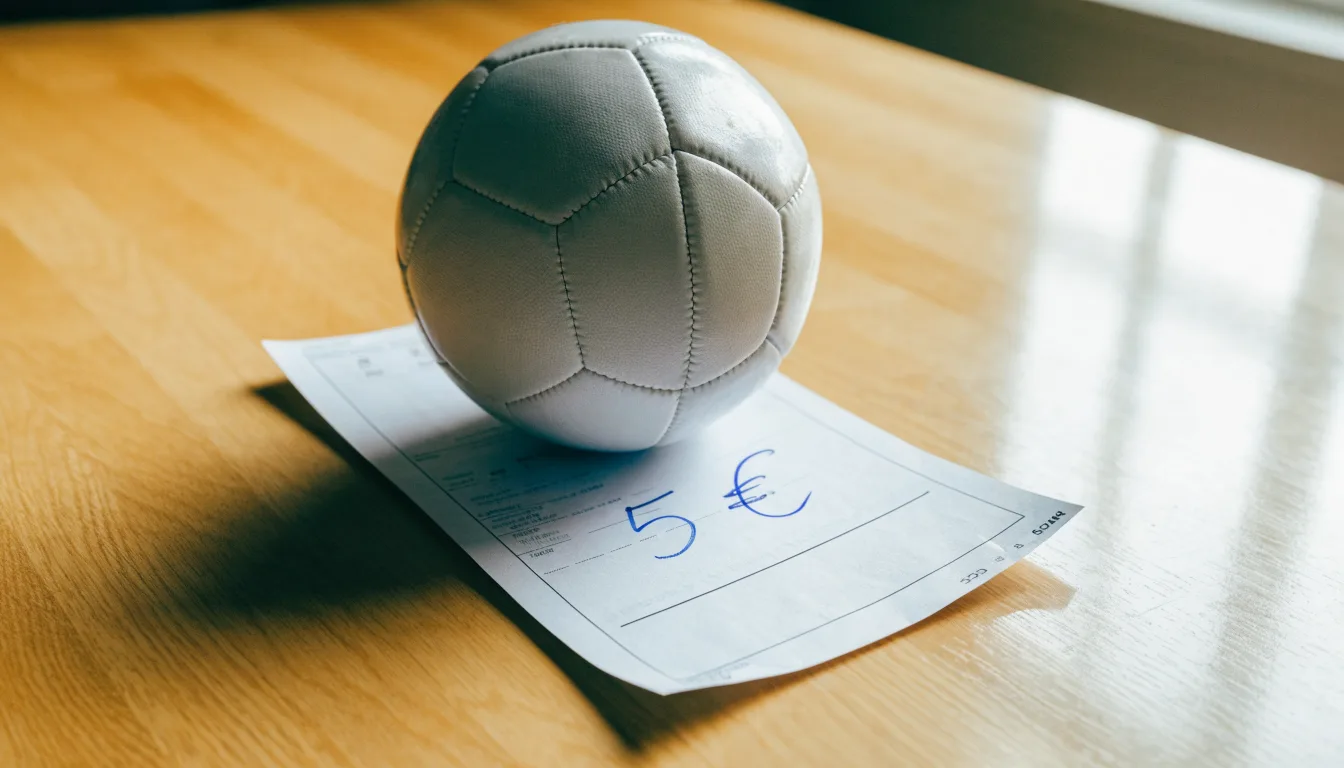 Uma bola de futebol pousada sobre um talão de apostas em branco numa mesa de madeira, à luz do dia