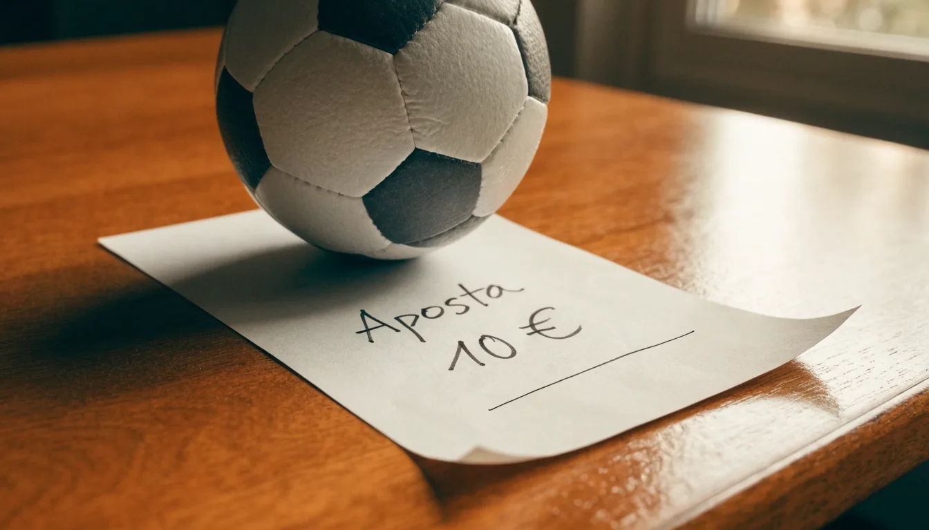 Uma bola de futebol pousada sobre um talão de apostas em branco numa mesa de madeira, à luz do dia