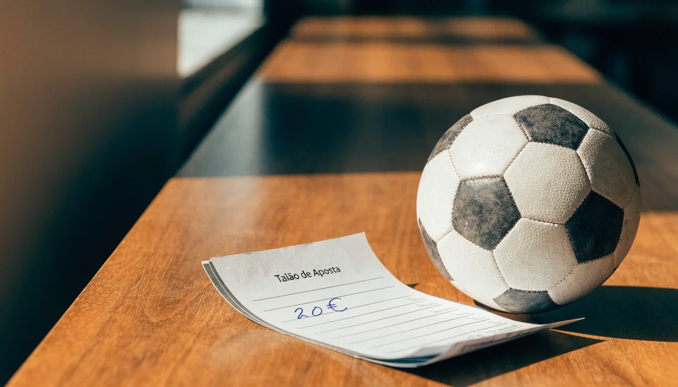 Uma bola de futebol pousada sobre um talão de apostas em branco numa mesa de madeira, à luz do dia