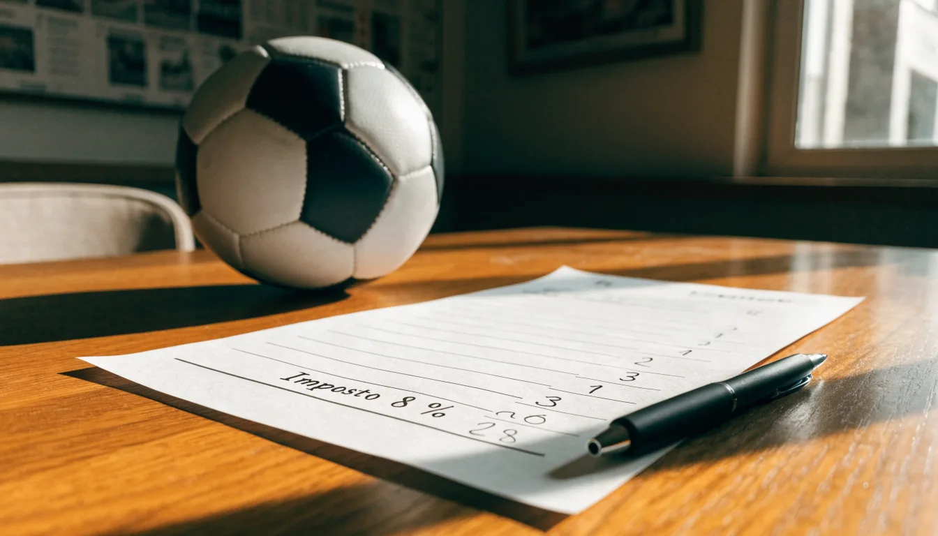 Uma bola de futebol pousada sobre um talão de apostas em branco numa mesa de madeira, à luz do dia