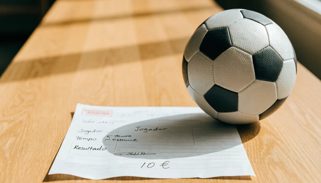 Uma bola de futebol pousada sobre um talão de apostas em branco numa mesa de madeira, à luz do dia