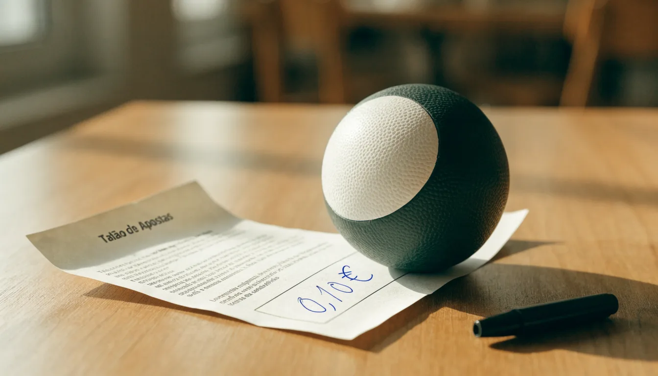 Uma bola de futebol pousada sobre um talão de apostas em branco numa mesa de madeira, à luz do dia