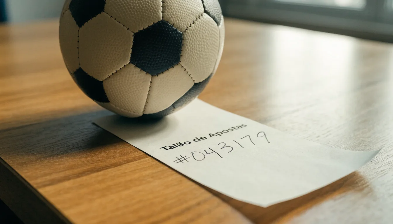 Uma bola de futebol pousada sobre um talão de apostas em branco numa mesa de madeira, à luz do dia
